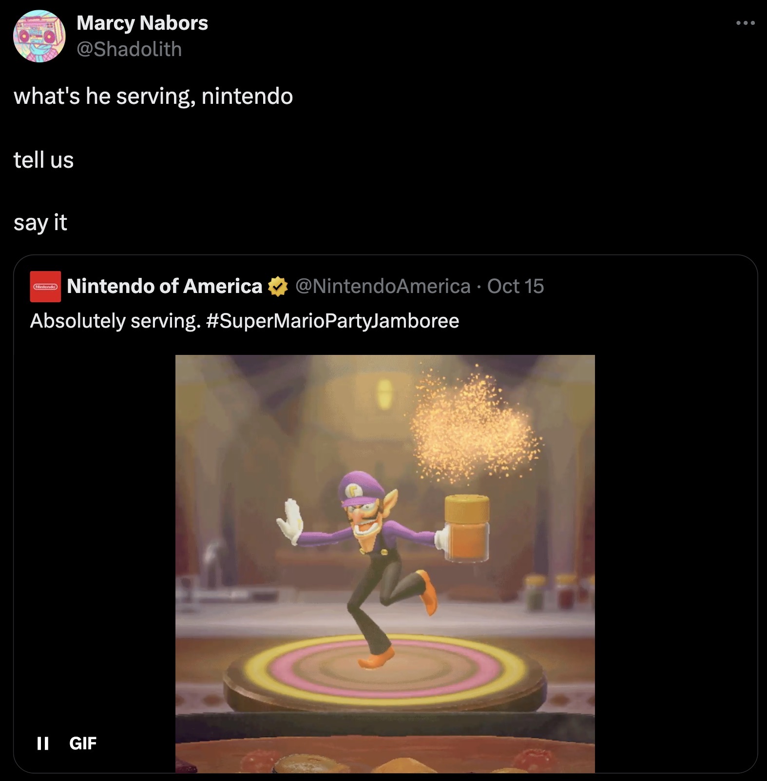 screenshot - Marcy Nabors what's he serving, nintendo tell us say it Cintende Nintendo of America Oct 15 Absolutely serving. PartyJamboree Ii Gif